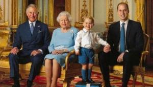 (L-R) Prince Charles, Queen Elizabeth II, Prince George and Prince William during a photo shoot for the Royal Mail in 2015 in the White Drawing Room at Buckingham. Photo: AFP Photo