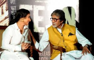 Indian Bollywood actor Amitabh Bachchan(R)and actress Vidya Balan attend the trailer launch of the forthcoming Hindi film ‘TE3N’ directed by Ribhu Dasgupta and produced by Sujoy Ghosh in Mumbai on May 5. AFP Photo